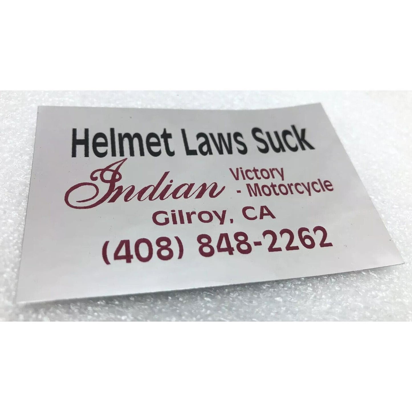 GILROY INDIAN HELMET LAWS SUCK 3”x2” CHROME STICKER DECAL RED BLACK VICTORY