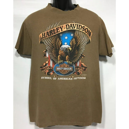 Vintage Harley Davidson 3D T Shirt Tan 🦅 Ft Worth 1991 Laugerman’s HD York PA