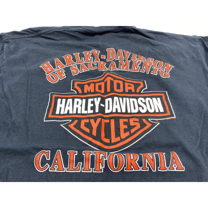 Harley Men’s Shirt Large L Sacramento Short Sleeve Black Legendary Orange Blue