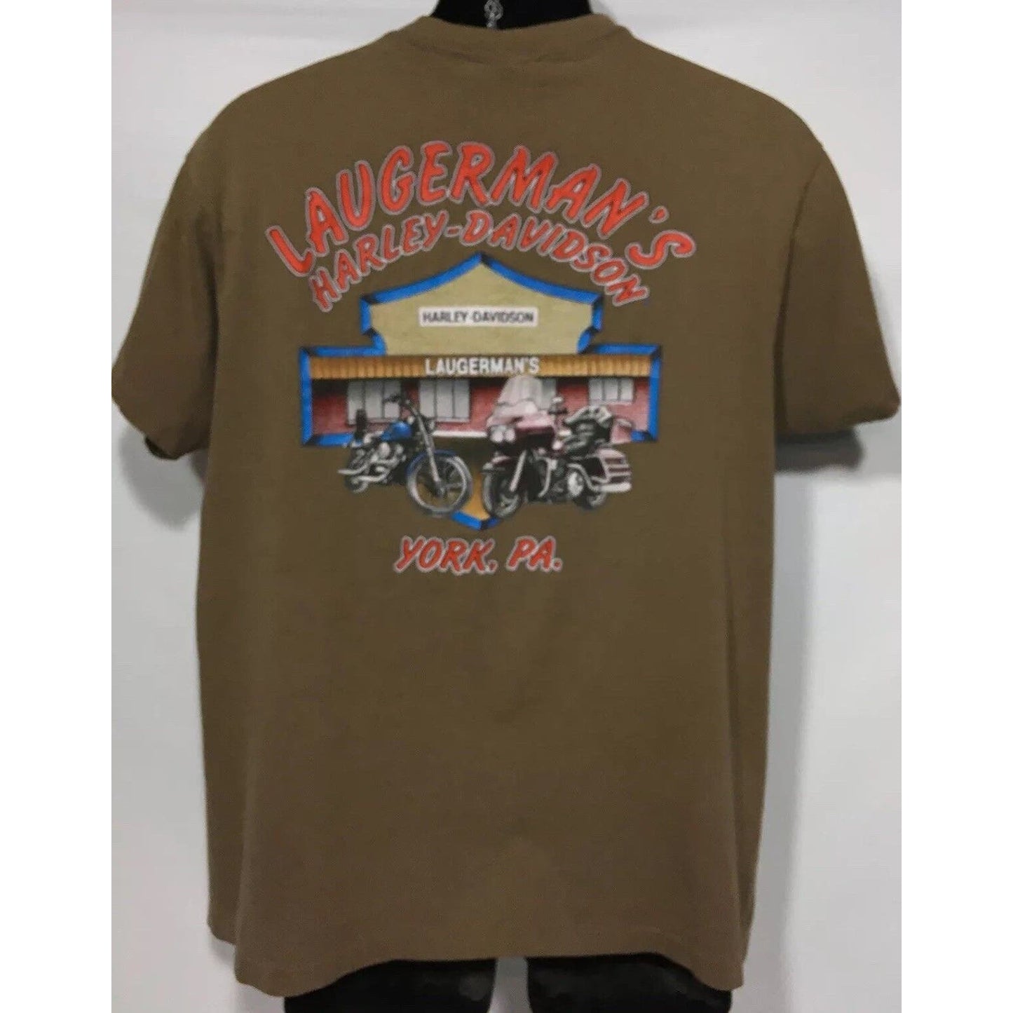 Vintage Harley Davidson 3D T Shirt Tan 🦅 Ft Worth 1991 Laugerman’s HD York PA